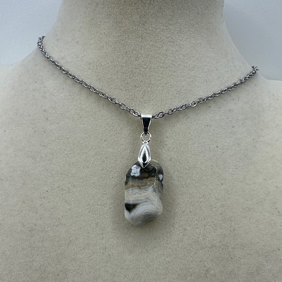 None Jewelry - Natural Ocean Jasper Pendant Necklace on Stainless Steel Chain